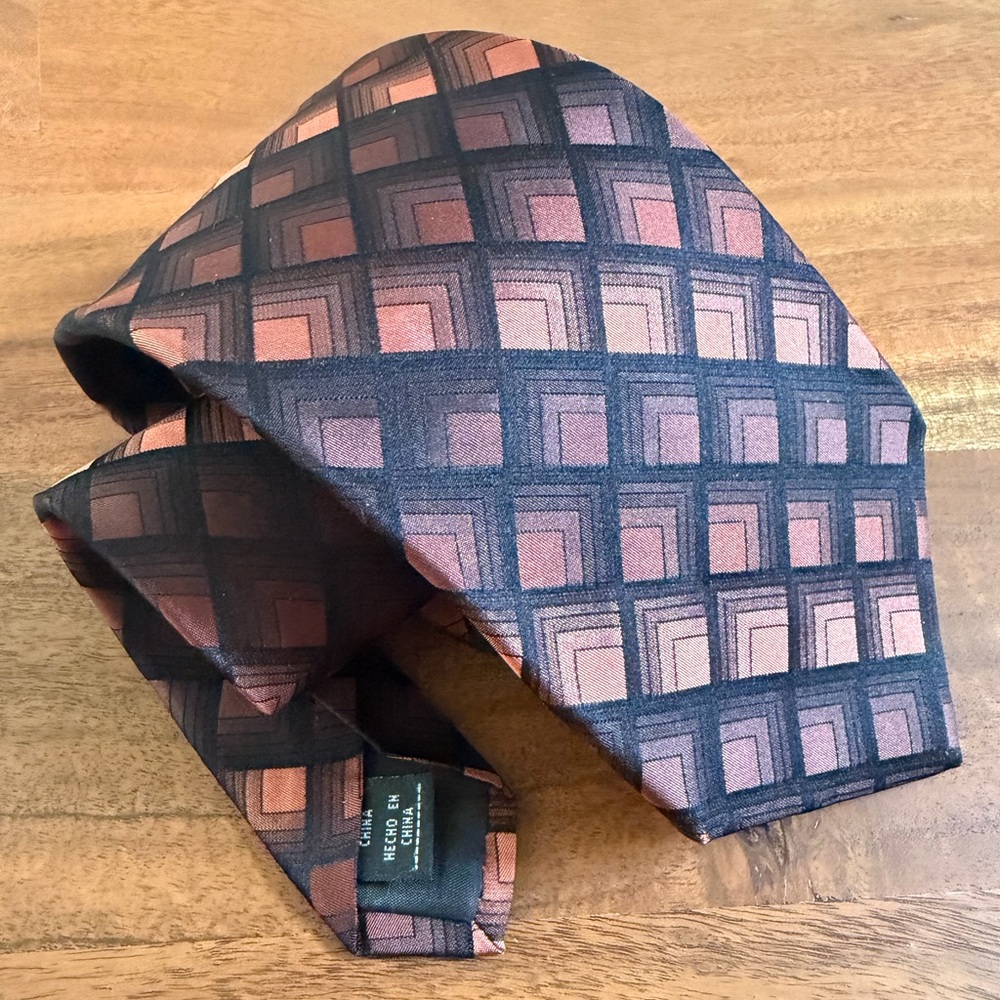 Elegant 100%Silk Via Europa Fine Neckwear Black Brown and Peach Geometric Tie